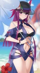 2girls alear_(female)_(fire_emblem) alear_(female)_(seaside_dragon)_(fire_emblem) alear_(fire_emblem) alternate_costume alternate_hairstyle bandeau bare_shoulders beach bikini black_hat blue_hair blue_one-piece_swimsuit blue_swimsuit breasts cleavage cowboy_shot doiparuni female female_only fire_emblem fire_emblem_engage fire_emblem_heroes flower hat highres ivy_(fire_emblem) ivy_(summer)_(fire_emblem) large_breasts long_hair looking_at_viewer multicolored_hair multiple_girls navel nintendo ocean official_alternate_costume official_alternate_hairstyle one-piece_swimsuit outdoors ponytail purple_eyes purple_hair red_flower red_hair smile solo_focus sommie_(fire_emblem) standing stomach swimsuit thighs very_long_hair white_bikini white_swimsuit