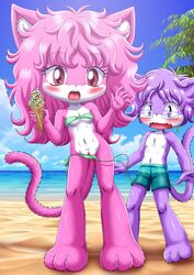 alfred_(little_tails) anthro april_(little_tails) bbmbbf beach bikini blush feline female furry glasses ice_cream little_tails male palcomix pussy wardrobe_malfunction