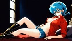 ai_generated blue_eyes blue_hair generated_by_nanek glasses lum oni_horns pointy_ears ranma-chan ranma_1/2 seaart.ai unbuttoned urusei_yatsura