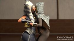 3d 3d_(artwork) ahsoka_tano ass ass_focus barriss_offee blender blender_(software) blender_cycles breasts clothed kissing lesbian lightsaber mirialan patreon patreon_username self_upload standing star_wars the_clone_wars:_season_seven togruta tongue typiconart yuri