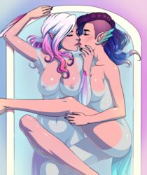 2girls ax_(bnf) bathtub bird_girl blue_hair blush breasts bunny_and_fox_world closed_eyes eve_(shannachka) feathers figgylicious from_above gradient gradient_background highres imminent_kiss long_hair multicolored_hair multiple_girls nail_polish nipples nude original parted_lips pink_hair purple_hair shared_bathing side_shave sparkle spread_legs two_tone_hair water white_hair yuri