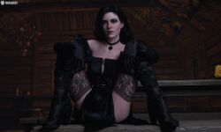 black_hair clothing female light-skinned_female looking_at_viewer missally purple_eyes solo spread_legs the_witcher_(series) the_witcher_3:_wild_hunt yennefer