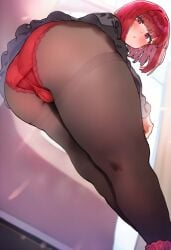 1girls ai_generated arima_kana bending_over bent_over black_legwear bob_cut female from_behind human legs looking_at_viewer low-angle_view oshi_no_ko pantyhose red_eyes red_hair red_panda short_hair stable_diffusion thick_thighs thighs upskirt