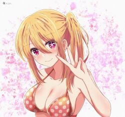 1girls armpits bare_armpits bare_arms bare_chest bare_hands bare_midriff bare_shoulders bare_skin bikini bikini_only bikini_top blonde_female blonde_hair blonde_hair_female blush blush_lines blushing_at_viewer blushing_female breasts cleavage collarbone covered_areola covered_areolae covered_nipples cute dot_nose elbows exposed exposed_armpits exposed_arms exposed_midriff exposed_shoulders eyebrows_visible_through_hair female female_focus female_only fingernails fingers hair_between_eyes happy head_tilt high_resolution high_school_student highres hoshino_ruby light-skinned_female light_skin lips long_hair looking_at_viewer medium_breasts oshi_no_ko peace_sign pink_background pink_eyes pink_eyes_female polka_dot_bikini polka_dot_bikini_top polka_dot_swimsuit ponytail red_bikini red_bikini_top red_string_bikini red_swimsuit red_swimwear satya school_girl shoulders side_ponytail sidelocks simple_background smile smiley_face smiling smiling_at_viewer solo standing string_bikini swimsuit swimwear teen_girl teenage_girl teenager tilted_head upper_body v white_background