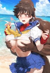 1boy 1girls ai_generated beach big_breasts breast_grab breasts brown_eyes brown_hair dark-skinned_male dark_skin female headband huge_breasts interracial kord_ai large_breasts sakura_kasugano school_uniform skirt straight street_fighter surprised tagme thick_thighs voluptuous_female