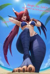 ai_generated claws dialogue domination eye_contact feet femdom first_person_view foot_fetish league_of_legends legwear money paid_reward_available pervert pov public riot_games roleplay talking_to_viewer talons tan_body tan_skin tanline text vastaya xayah xayahl0ver