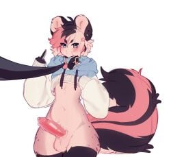 balls bodily_fluids collar erection femboy furry hoodie katsucoffee leash leashed_collar middle_finger penis precum skunk tail