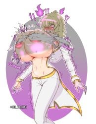 big_breasts blonde_hair blush corruption female gritted_teeth huge_breasts long_nails one_eye_obstructed pink_eyes ripped_clothing short_hair the_varking thevarking top_heavy