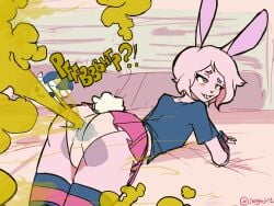 1boy anthro ass bed bulge fart femboy furry girly male male_fart male_only on_bed on_stomach panties rabbit skirt solo solo_male usagaijin