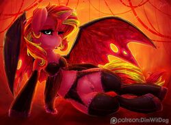 2016 bra clothed_feral demon demon_shimmer dimwitdog equestria_girls equine female feral friendship_is_magic garter_belt garter_straps hasbro horn lingerie long_hair mammal membranous_wings multicolored_hair my_little_pony one_eye_closed patreon pussy see-through solo sunset_shimmer thighhighs translucent two_tone_hair underwear unicorn wings