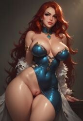 ai_generated bottomless choker dress league_of_legends long_hair miss_fortune red_hair shaved_pussy shiny_clothes taintedart