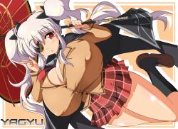 1girls black_socks blush breasts cleavage clothed erect_nipples_under_clothes eyepatch female female_only huge_breasts long_hair looking_at_viewer nipple_bulge nipples prime_zx red_eyes senran_kagura solo tied_hair twintails umbrella white_hair yagyuu_(senran_kagura)