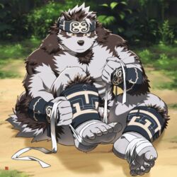 2018 abs anthro canine clothing digital_media_(artwork) fur headband hi_res horkeukamui kemono male male_only mammal multicolored_fur muscular muscular_male pecs penis rossciaco simple_background solo tokyo_afterschool_summoners white_fur wolf