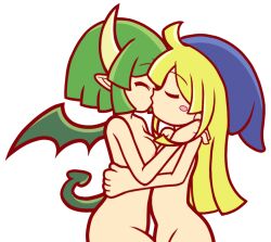 2024 2girls accurate_art_style alternate_version_available areola_peek artstyle_imitation blonde_hair blush blush_sticker breasts closed_eyes completely_nude completely_nude_female draco_centauros dragon dragon_girl dragon_tail dragon_wings female female_only furii_(artist) green_hair hat hat_only horns kissing light-skinned_female light_skin nude nude_female puyo_puyo puyo_puyo_artstyle sega style_parody tail transparent_background wings witch witch_(puyo_puyo) yuri
