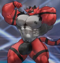 2025 abs absurd_res anthro areola bara biceps big_bulge big_muscles bodily_fluids bulge clothed clothing eyebrows flexing flexing_bicep fur generation_7_pokemon hand_behind_head heart_symbol hi_res huge_bulge huge_muscles incineroar looking_at_viewer male manly muscles muscular muscular_anthro muscular_male musk navel nintendo nipples obliques pecs pokemon pokemon_(species) pubes quads robinmg_45 serratus simple_background smile solo standing sweat teeth thick_arms thick_thighs thong thong_only topless topless_anthro topless_male triceps tuft underwear underwear_only vein yaoi