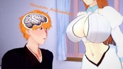 1boy 1girls 3d artist_request bleach bleach:_the_thousand-year_blood_war cleavage cleavage_cutout ichigo_kurosaki inoue_orihime koikatsu large_breasts long_hair neuron_activation_(meme) orange_eyes orange_hair