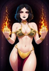 1girls ai_generated black_hair female fire glowing_eyes looking_at_viewer magic magic_user pale-skinned_female pale_skin red_eyes serana short_hair skyrim slave_bikini slave_leia_(cosplay) slave_outfit tagme the_elder_scrolls vampire vampire_girl