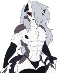 1boy abs adorable ambush_(trap) ambush_loona anthro_only big_muscles bulge cassielink cute dialogue eyeliner femboy_loona furry gay genderswap_(ftm) grey_body grey_fur grey_hair hair_covering_eye happy helluva_boss james_andromeda long_hair loona loona_(helluva_boss) male male_focus male_loona male_only muscles muscular muscular_femboy muscular_male pecs pectorals penis_bulge rule_63 shirtless smile smiling solo solo_male speech_bubble strong thong topless topless_male trap vivziepop white_background white_body white_fur wolf wolf_boy