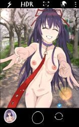 1girls 2d breasts censored cherry_blossoms collar date_a_live female female_focus female_only happy humiliation light-skinned_female long_hair naked naked_female photo pink_nipples purple_eyes purple_hair sheong_wong solo solo_focus thighs tree yatogami_tohka