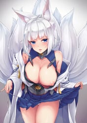 1girls animal_ears areola_slip areolae azur_lane bare_shoulders blue_eyes blush breasts collar collarbone cowboy_shot eyebrows_visible_through_hair female female_only fox_ears fox_tail gradient gradient_background grey_background highres japanese_clothes kaga_(azur_lane) kimono kurofude_anastasia kyuubi large_breasts lifted_by_self light-skinned_female light_skin long_sleeves looking_at_viewer multi_tail multiple_tails nipple_slip nipples obi off_shoulder open_clothes open_kimono panties parted_lips ribbon-trimmed_sleeves ribbon_trim sakura_empire_(azur_lane) sash shiny shiny_hair short_hair side-tie_panties silver_hair skirt skirt_lift solo standing sweat tail thighs tsurime underwear undressing upskirt white_kimono white_panties wide_sleeves