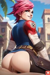 1girl1boy ai_generated big_breasts blue_eyes cowgirl_position cum face_tattoo league_of_legends looking_at_viewer looking_back omega_weirdo outdoors outside_sex patreon pink_hair ripped_clothing sex short_hair smile straddling vi_(league_of_legends)