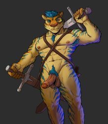 2024 abs absurd_res anthro aquido armpit_hair balls biceps blue_eyes blue_hair blue_stripes body_hair chest_hair chest_tuft erection felid foreskin frown genitals grey_background hair harness harness_only hi_res holding_melee_weapon holding_object holding_sword holding_weapon humanoid_genitalia humanoid_penis leather leather_harness looking_at_viewer low-angle_view male mammal manly melee_weapon muscular_legs navel nipples nude pantherine pecs penis pubes scowl simple_background solo standing striped_body stripes stubble sword tiger triceps tuft vein veiny_penis weapon