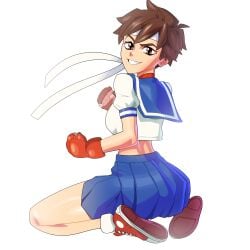 brown_eyes brown_hair clothed female grin headband light-skinned_female medium_breasts minicop2001 sakura_kasugano short_hair slender_body street_fighter tagme tomboy young_female