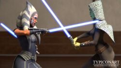 3d 3d_(artwork) ahsoka_tano ass ass_focus barriss_offee blender blender_(software) blender_cycles breasts clothed lightsaber mirialan patreon patreon_username self_upload standing star_wars the_clone_wars:_season_seven togruta typiconart