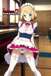 ai_generated blonde_hair blue_eyes game_freak maid maid_outfit nintendo pantyshot_(standing) serena_(pokemon) upskirt white_panties white_stockings