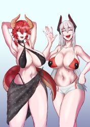 2girls android armpits arms_above_head beach bikini black_lipstick breasts choker cleavage clone closed_eyes doll_joints dragon_girl dragon_tail dzillust horns large_breasts lipstick looking_at_viewer midriff navel open_mouth outdoors red_hair sarong short_shorts smile swimsuit tail thick_thighs thighs thong thong_straps virtual_youtuber vshojo waving white_hair zentreya zentreya_(cyborg) zentreya_(dragon)