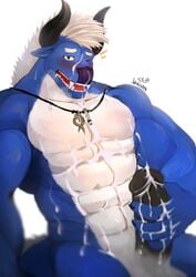 abs anthro biceps big_muscles bovine cum cum_on_body digital_media_(artwork) fur hair hi_res horn male male_only mammal muscular muscular_male necktie nude one_eye_closed pecs penis rabbitdx26 simple_background video_games wink