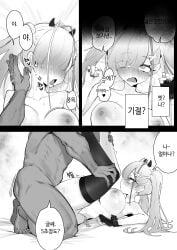 1boy absurdres antenna_hair breasts commentary_request eonsang fake_horns female girls'_frontline girls'_frontline_neural_cloud greyscale highres horns korean_text kuro_(neural_cloud) lying mdr_(girls'_frontline) monochrome nipples on_back sex single_thighhigh straight thighhighs translation_request twintails