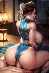 1boy 1girls abs ai_generated ass brown_eyes brown_hair cfnm chinese_clothes chun-li clothed_sex clothes_aside cowgirl_position female female_focus female_penetrated looking_at_viewer navel penis_in_pussy pussy street_fighter twin_buns vaginal_penetration vaginal_sex