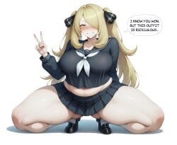 1girls ai_generated aimoonshine alternate_breast_size alternate_costume alternate_hairstyle annoyed arm_behind_back ass_visible_through_thighs black_footwear black_sailor_collar black_serafuku black_shirt black_skirt blonde_hair blush breasts clenched_teeth collarbone crop_top crop_top_overhang cropped_shirt cynthia_(pokemon) dialogue embarrassed english_text female female_only full_body game_freak grey_eyes hair_ornament hair_over_one_eye hand_up large_breasts loafers long_hair long_sleeves looking_at_viewer midriff miniskirt navel neckerchief nintendo peace_sign pleated_skirt plump pokemon pokemon_champion pokemon_dppt pokemon_trainer sailor_collar school_uniform serafuku shirt shoes simple_background skirt slightly_chubby socks solo solo_female speech_bubble spread_legs squatting sweatdrop teeth text thick_thighs thighs tight_clothes tight_clothing twintails undersized_clothes v white_background white_neckerchief white_socks