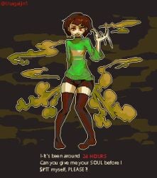 1boy brown_hair bulge chara desperation fanning fanning_face fanning_self fart fart_cloud fart_fetish farting implied_scat male male_fart male_only pixel_art red_eyes scat_desperation solo solo_male thighhighs undertale usagaijin