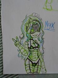 bikini blue_hair closed_eye female green_eyes i_cant_read_artist_signature_sorry i_know_what_to_tag idk_what_to_tag_it looking_at_viewer murder_drones oc peace_sign smiling traditional_art traditional_drawing_(artwork) winking worker_drone