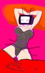 arms_behind_head bed bed_sheet bedroom blush blush blush_lines female female female_focus female_only fishnet_clothing pillow skibidi_toilet sundarts tv tv_head tv_woman tv_woman_(skibidi_toilet) tvwoman tvwoman_(skibidi_toilet)