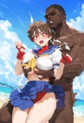 1boy 1girls ai_generated beach big_breasts black_hair breast_grab breasts brown_eyes brown_hair dark-skinned_male dark_skin female headband huge_breasts interracial kord_ai large_breasts sakura_kasugano school_uniform skirt straight street_fighter surprised tagme thick_thighs voluptuous_female