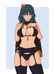 alternate_costume bikini black_bikini black_swimsuit blue_eyes breasts byleth_(female)_(summer)_(fire_emblem) byleth_(fire_emblem) byleth_(fire_emblem)_(female) female female_only fire_emblem fire_emblem:_three_houses fire_emblem_heroes nintendo official_alternate_costume ozimand solo swimsuit teal_hair