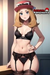 ai_generated black_lingerie black_stockings blonde_hair blue_eyes game_freak garter_belt hat lingerie nintendo serena_(pokemon) thighhighs thighs