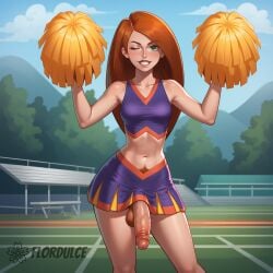 1futa ai_generated ball_hair balls cheerleader cheerleader_uniform erect_penis erection flordulce futa_only futa_sans_pussy futanari green_eyes hairy_testicles huge_cock kim_possible kimberly_ann_possible long_hair one_eye_closed orange_hair outdoors penis pom_poms pubic_hair seductive seductive_look seductive_smile solo_futa standing testicles wink