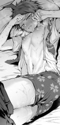 1boy absurdres ass blush clothes_pull cum danganronpa_(series) danganronpa_2:_goodbye_despair dress_shirt highres hinata_hajime lying male_underwear navel necktie nipples no_visible_genitalia on_side open_clothes open_shirt pants pants_pull pillow shirt short_sleeves skinny tears underwear undone_necktie wet young yumeyume_2z