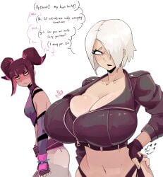 angel_(kof) big_breast_problems big_breasts breast_envy breasts capcom_vs_snk cupperexe distracted envy huge_breasts hyper_hourglass jealous juri_han king_of_fighters large_breasts snk_vs_capcom street_fighter text