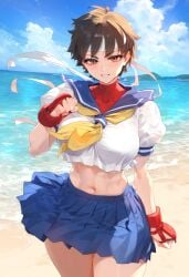 1girls ai_generated beach big_breasts breasts brown_eyes brown_hair female female_only headband kord_ai large_breasts sakura_kasugano school_uniform skirt street_fighter thick_thighs voluptuous_female