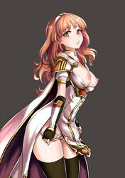 armor bangs bare_shoulders black_gloves black_legwear bow bow_panties breasts breasts_out cape celica_(fire_emblem) detached_collar dress female fingerless_gloves fire_emblem fire_emblem_echoes:_shadows_of_valentia fire_emblem_gaiden gloves hairband kaorihero long_hair looking_at_viewer medium_breasts nipples orange_eyes panties panty_pull pauldrons pubic_hair red_eyes simple_background solo thighhighs tiara underwear white_dress white_hairband white_panties