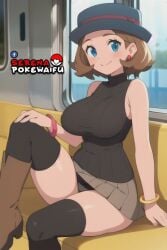 ai_generated black_panties black_stockings blue_eyes brown_hair game_freak hat miniskirt nintendo pantyshot_(sitting) serena_(pokemon) thighhighs thighs turtleneck