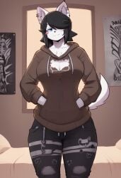 :3 ai_generated animal_ears bedroom big_breasts black_hair blue_eyes blush brown_hoodie civitai clothed clothing dog_ears dog_girl dog_tail female female_focus female_only furry hands_in_pockets head_tilt hoodie ihatethemic large_ass large_breasts low_pants maggie_applebee midriff short_hair slight_smile smile solo solo_female solo_focus sweatpants sweatshirt tagme thick_ass thick_thighs white_fur wide_hips