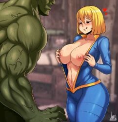 1girls 1monster ass ass_focus big_ass big_breasts big_butt big_penis bodysuit bra breasts dat_ass fallout fallout_(series) female female_focus female_only green_body green_skin heart heart hearts_around_head jmg monster nipples nipples_visible_through_clothing no_bra number pussy pussy_through_clothing seductive seductive_look seductive_pose seductive_smile sugestive_pose super_mutant thick_thighs thighs underwear unzipped unzipped_bodysuit vault_dweller vault_girl yellow_hair