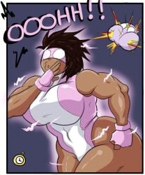 blink_(atari_mitsuku) comic_panel dark-skinned_female dark_skin domino_mask futa_only futanari mask pink_clothing superheroine thiccseid thick_thighs wide_hips