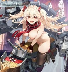 azur_lane blücher_(azur_lane) blonde_hair breasts mofumochii nude_filter open_smile pussy pussy_juice thighhigh_stockings torn_stocking